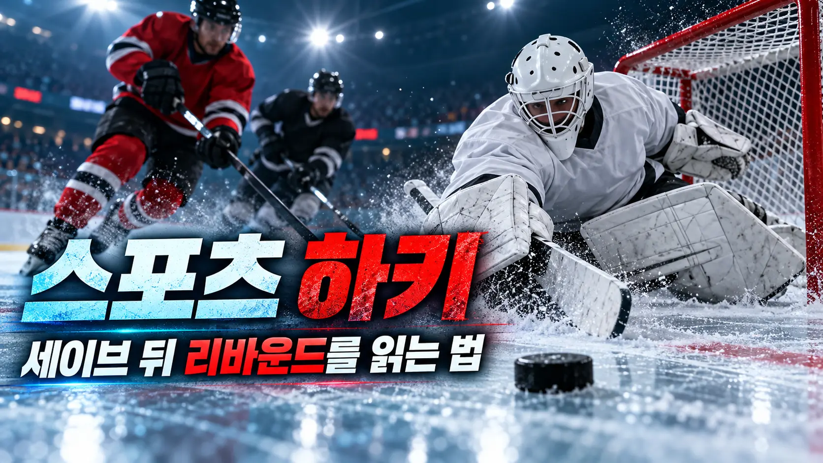 골문 앞 골텐더의 세이브와 빙판 위 리바운드 퍽에 접근하는 선수들을 표현한 썸네일